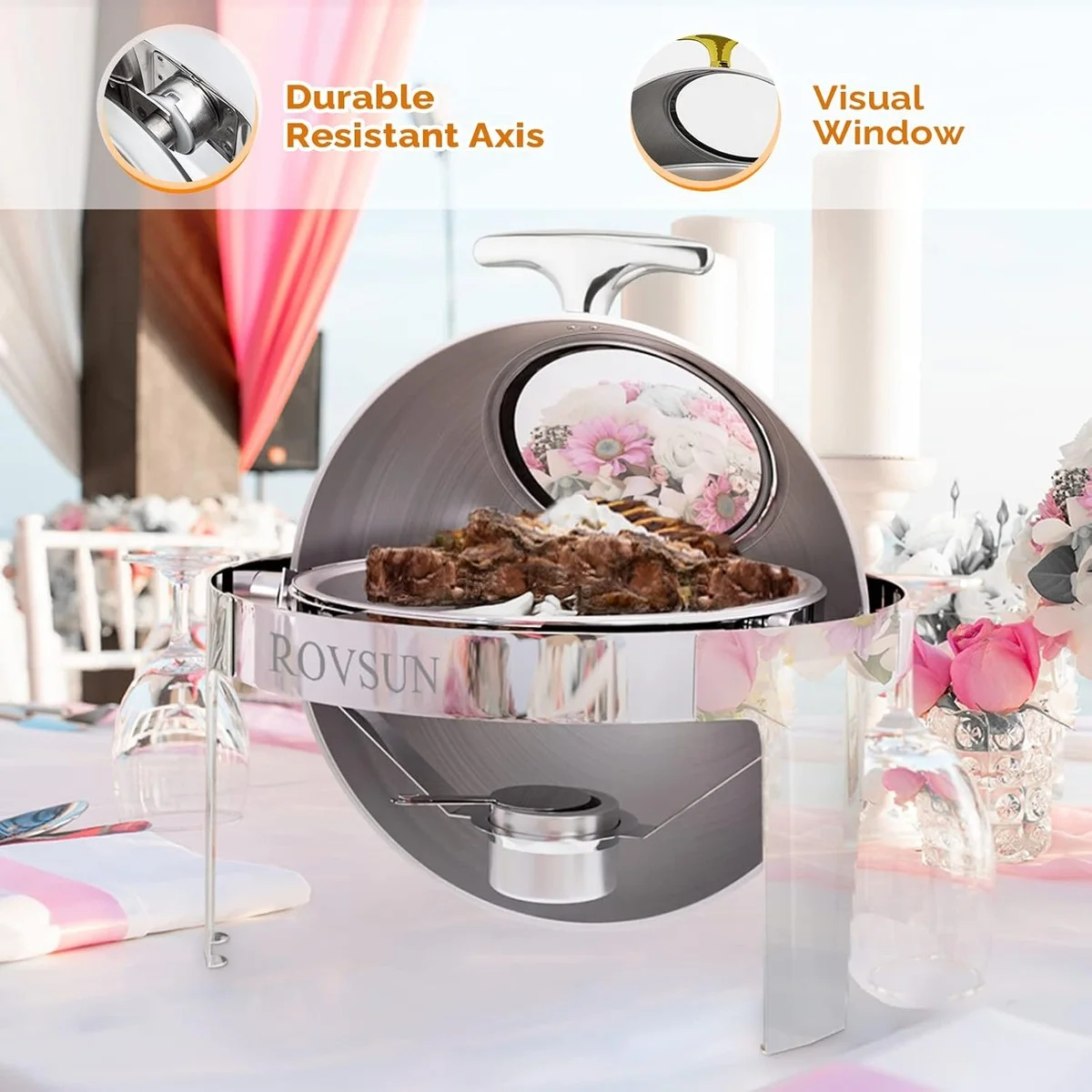 Marmite Chauffante Ronde en Acier Inoxydable 6 L — Couvercle Relevable 180°, Maintien Chaud & Froid, Idéale Buffet et Réceptions