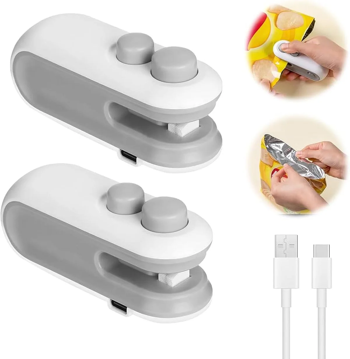 Mini Scelleuse de Sacs Rechargeable 2-en-1 — Thermoscelleuse et Coupe-Sac Portable pour Conserver Chips, Biscuits, Croquettes et Aliments Frais | Batterie Intégrée USB-C