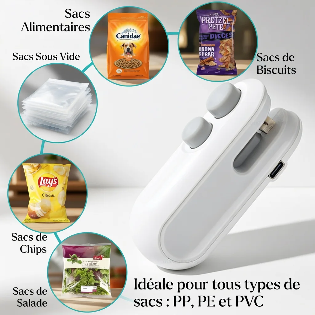 Mini Scelleuse de Sacs Rechargeable 2-en-1 — Thermoscelleuse et Coupe-Sac Portable pour Conserver Chips, Biscuits, Croquettes et Aliments Frais | Batterie Intégrée USB-C
