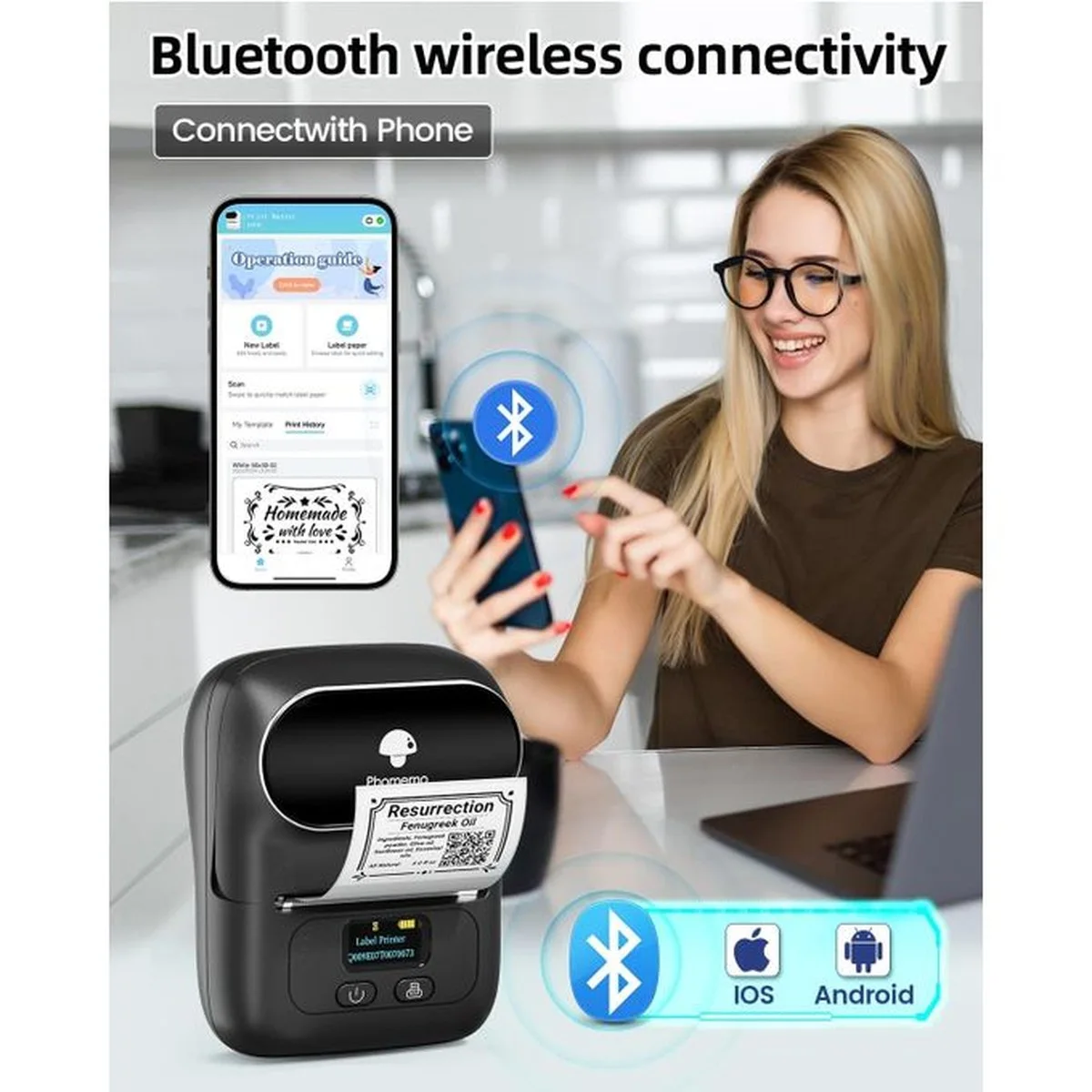 Mini Imprimante Thermique Bluetooth Phomemo M110 — Sans Encre, Étiquettes & Codes-Barres, iOS/Android/PC