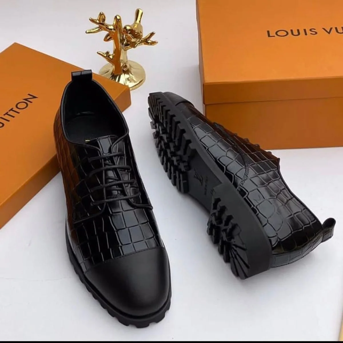 Derby Homme Cuir Croco Noir — Semelle Crantée Épaisse, Style Premium