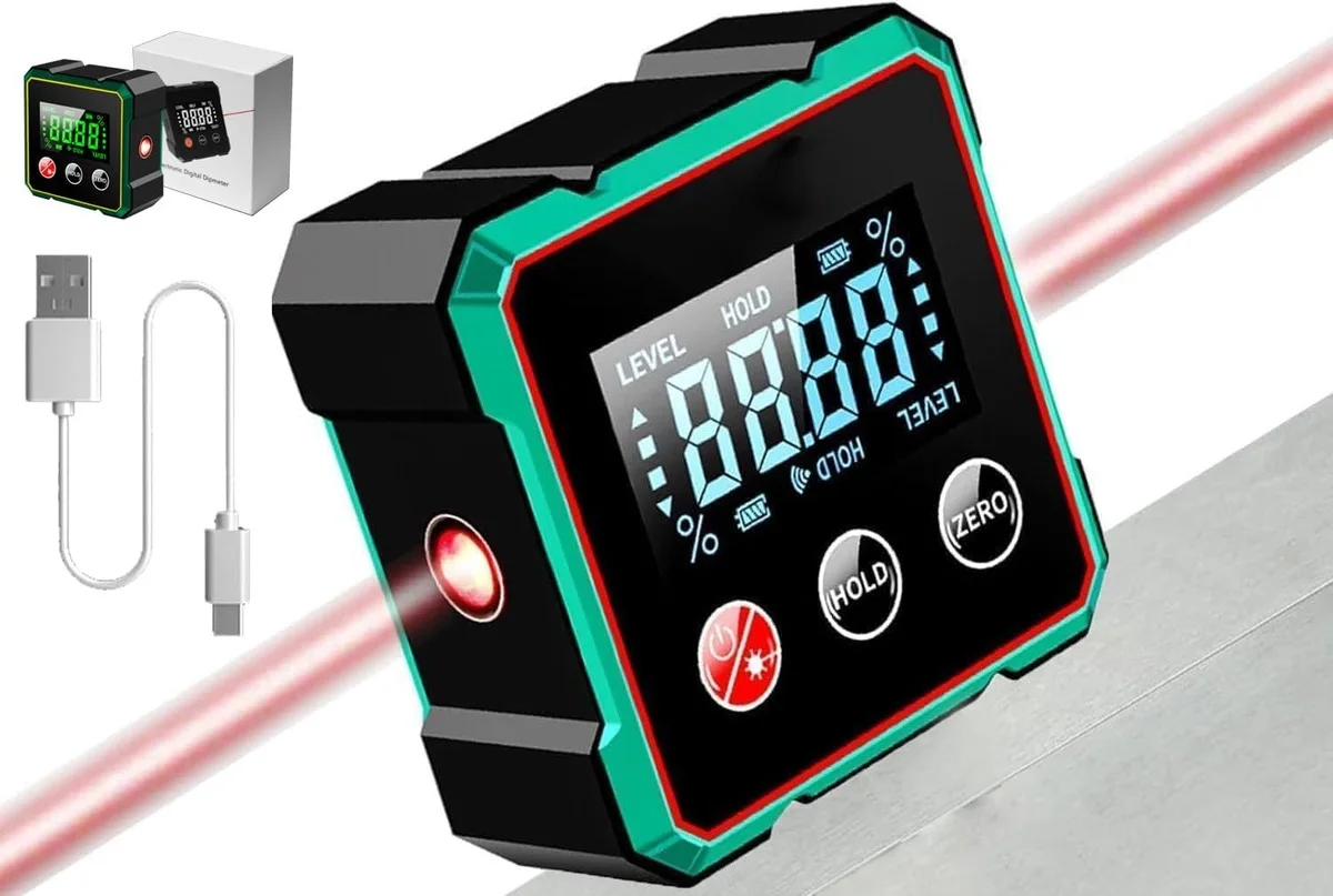 Rapporteur Digital Magnétique avec Laser, Rechargeable, 4 Faces Magnétiques, Écran LCD, Inclinomètre 360° Étanche pour Menuiserie et Travaux