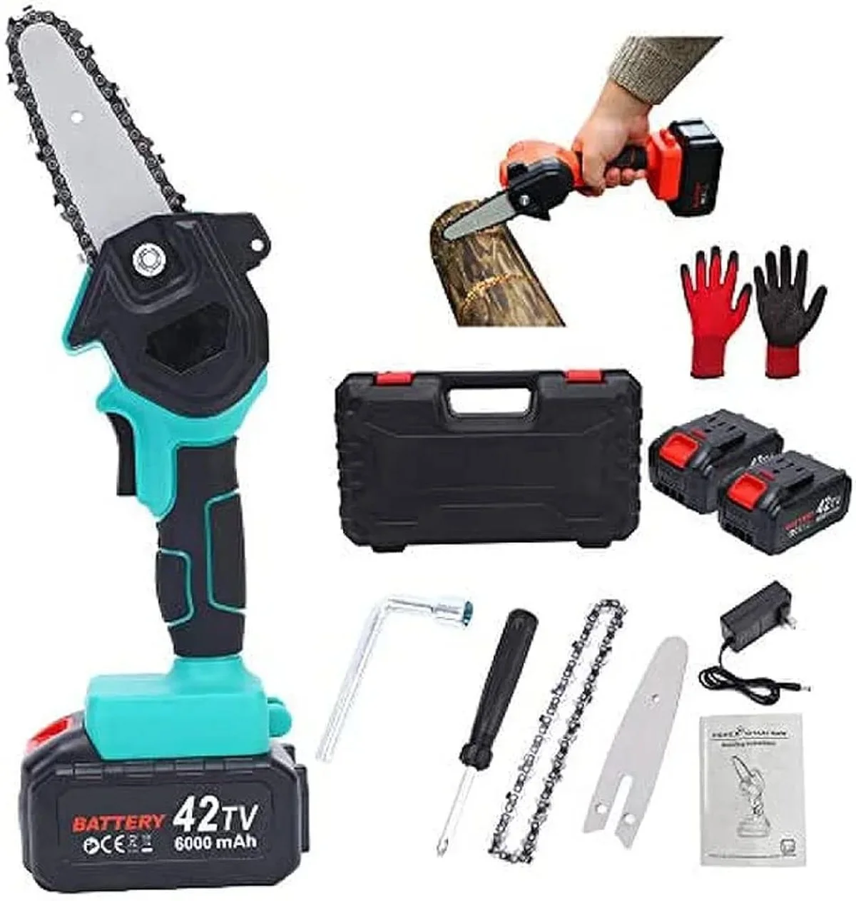 Mini Tronçonneuse Sans Fil 4 Pouces — Batterie 42V 6000mAh, Moteur Cuivre 550W, Élagage et Coupe de Bois, Ultra-Légère 1,2 kg