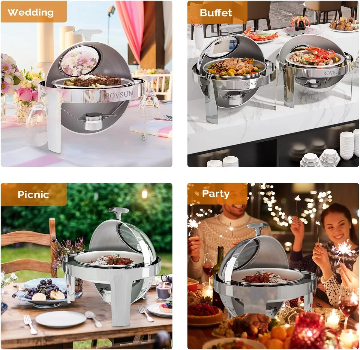 Marmite Chauffante Ronde en Acier Inoxydable 6 L — Couvercle Relevable 180°, Maintien Chaud & Froid, Idéale Buffet et Réceptions