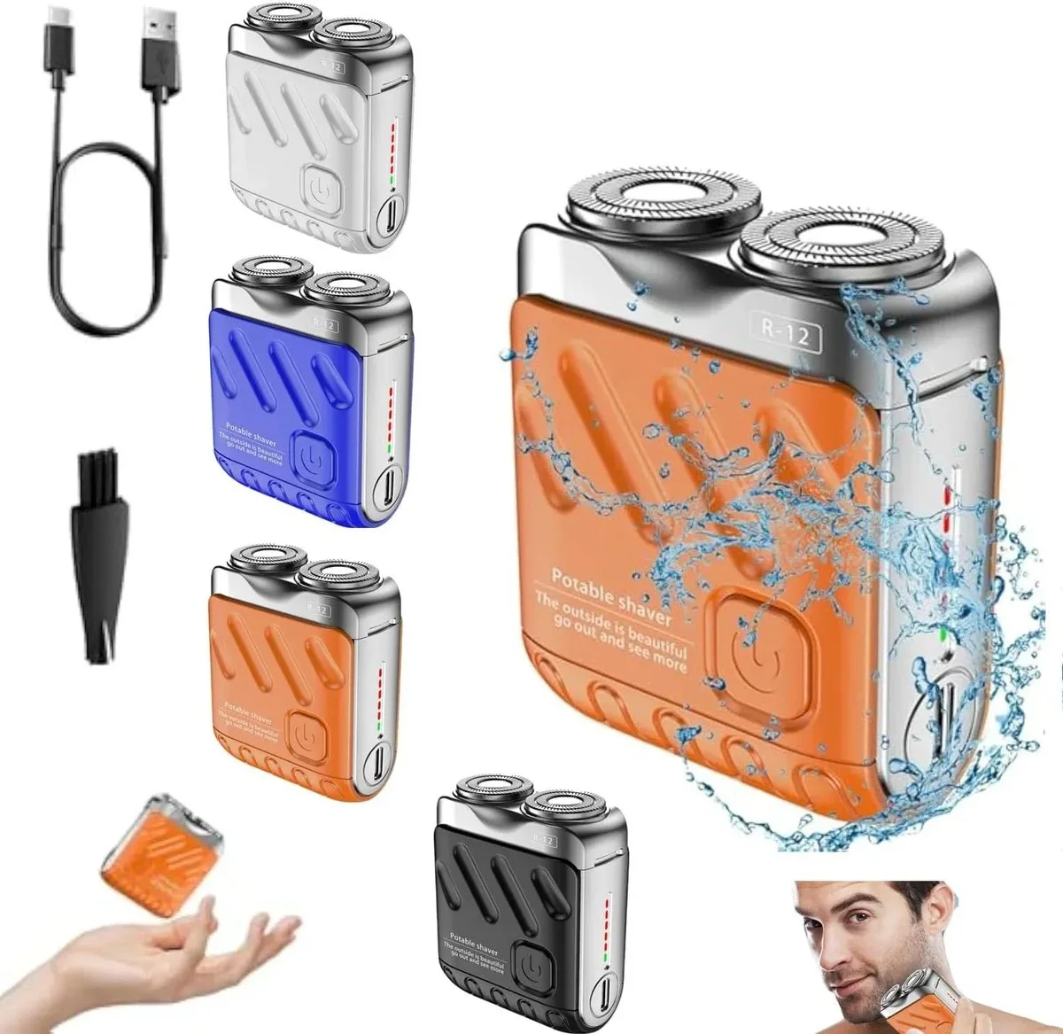 Rasoir Électrique Mini Portable R-12 — Double Anneau Magnétique, Tête Flottante 4D, Rechargeable USB-C, Waterproof IPX7