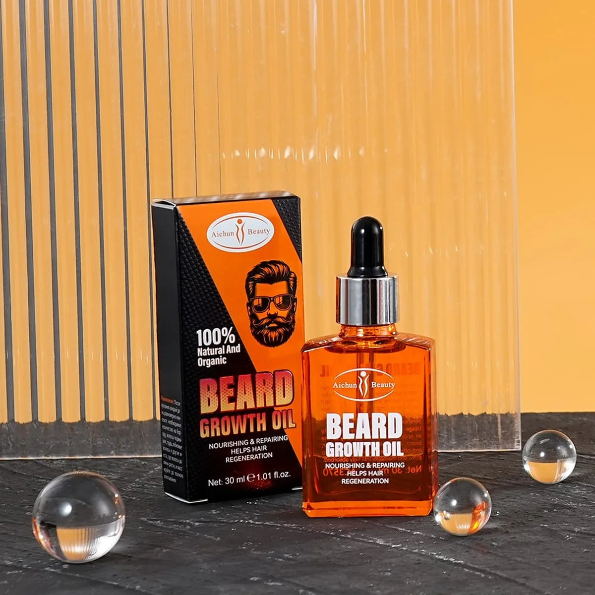 Huile de Croissance Barbe et Cheveux Aichun Beauty — Soin Bio contre la Calvitie et les Zones Clairsemées | Barbe Dense, Poils Régénérés | 30ml
