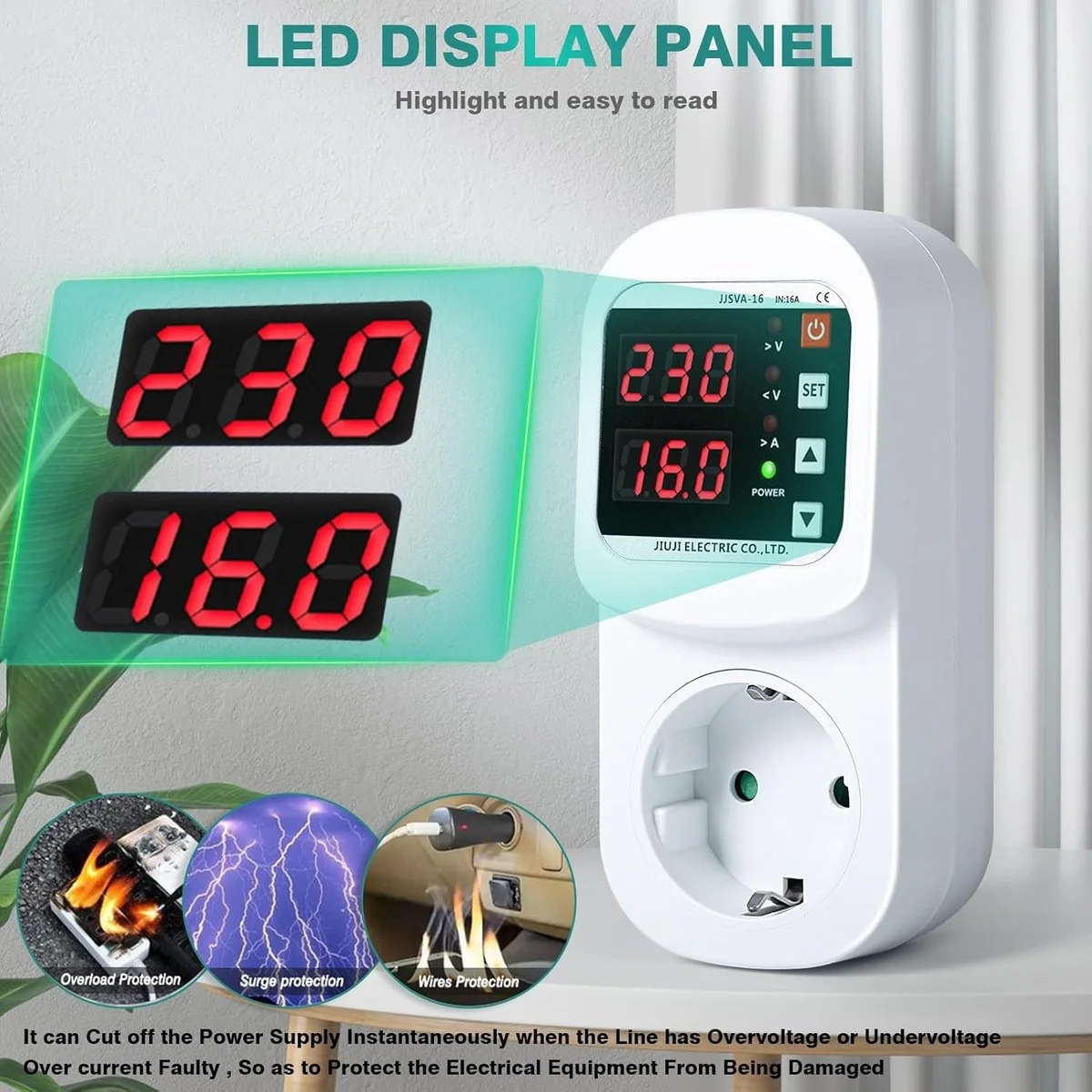 Protecteur de Tension Intelligent 16A — Prise EU Réglable, Afficheur LED, Protection Surtension Sous-tension et Surintensité