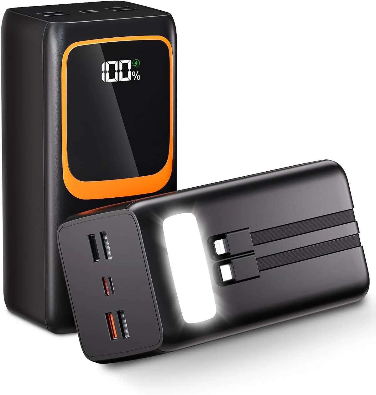 Batterie Externe 50 000 mAh — Charge Rapide 22,5W, Câbles Intégrés, Lampe LED, 7 Sorties & 3 Entrées, Idéale Voyage et Outdoor