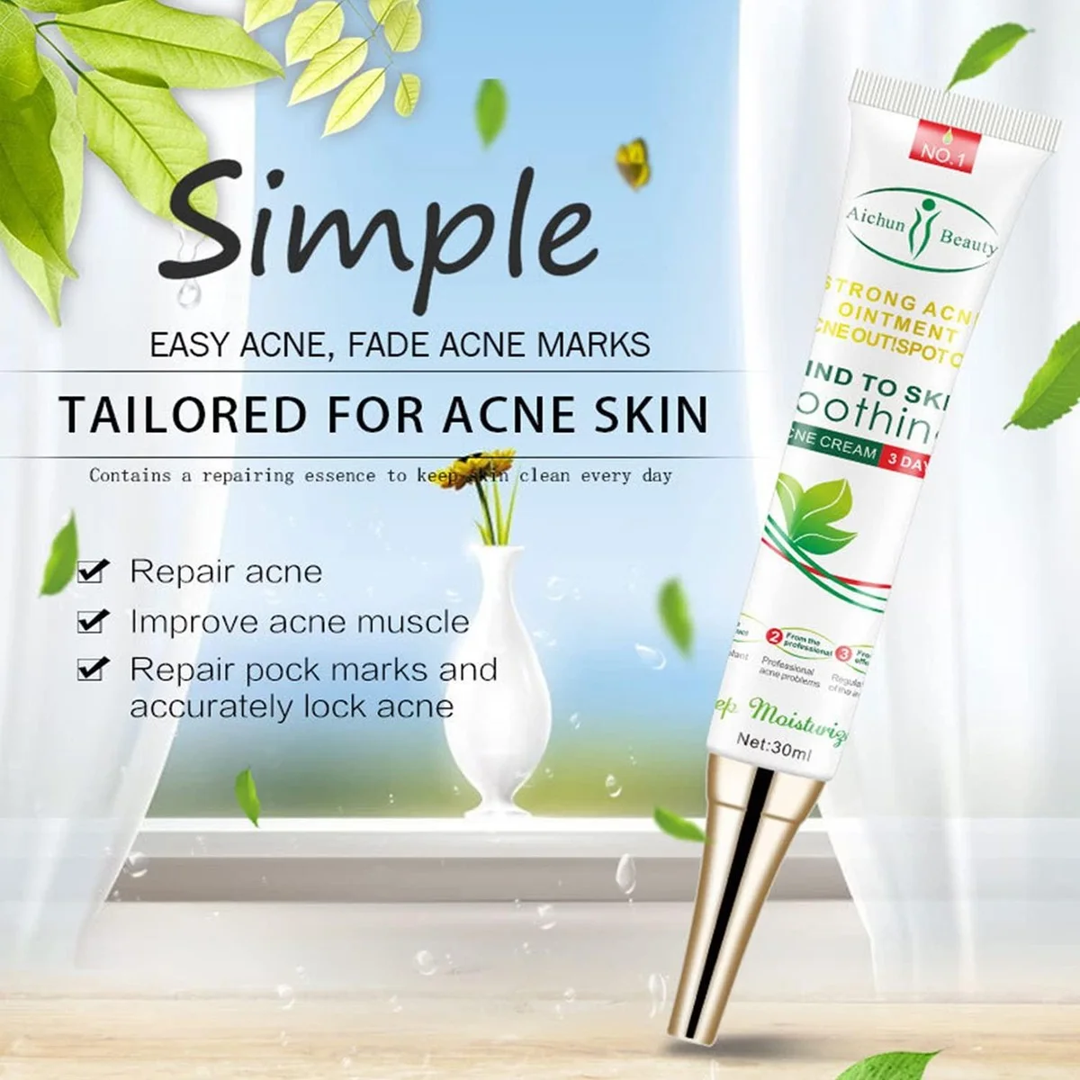 Crème anticernes, anti-poches, anti-rides éclaicissante Anti-Acné Aichun Beauty — Soin Dermatologique aux Extraits de Plantes, Tube 20g