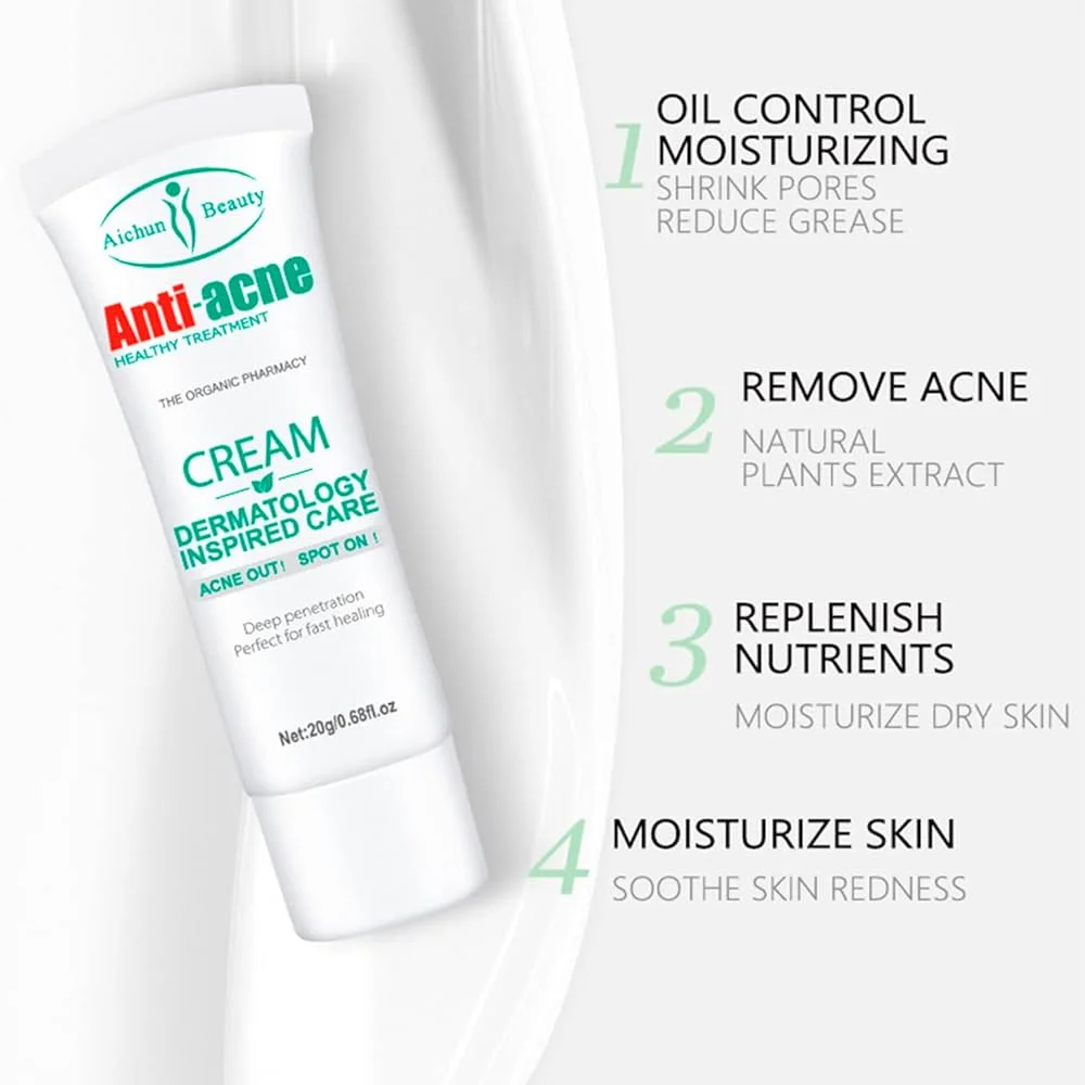 Crème Anti-acnés, élimine les boutons, les comédons , les peaux grasses et l'aspect huilé du visagela , Crème Anti-acné de la marque Aichun Beauty, un soin visage présenté en tube de 20 g. FC