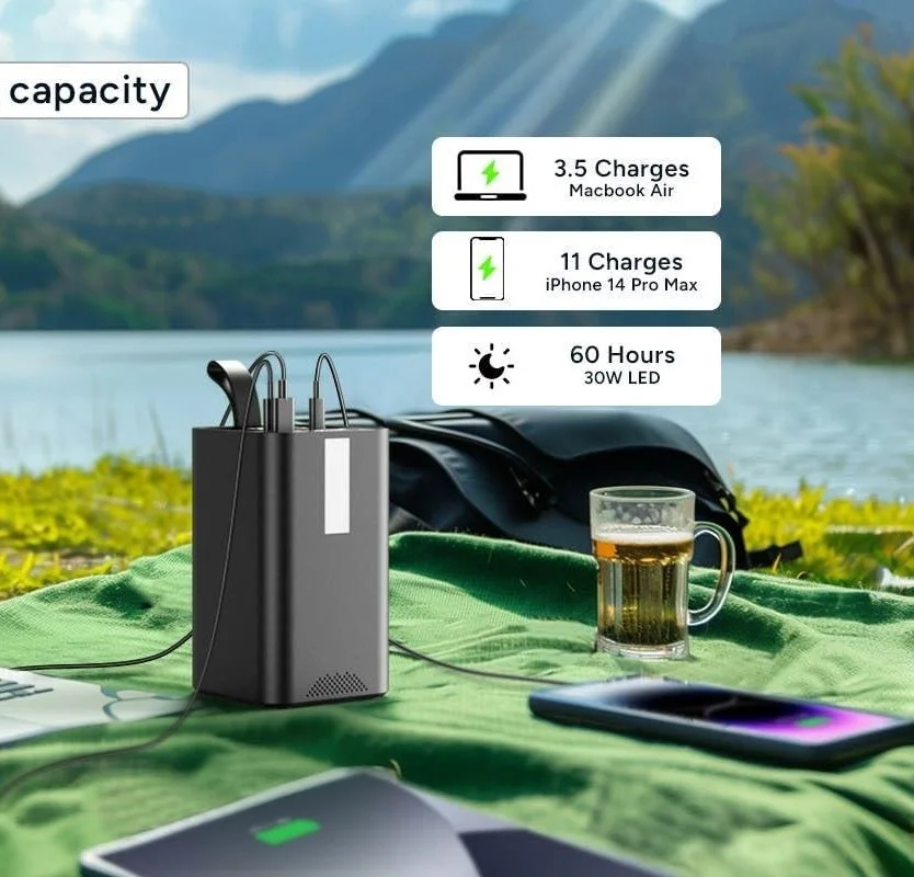 Batterie Externe 50 000 mAh — Charge Rapide 22,5W, Câbles Intégrés, Lampe LED, 7 Sorties & 3 Entrées, Idéale Voyage et Outdoor