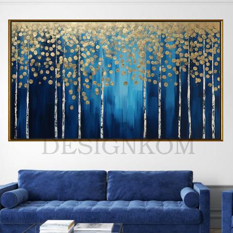abstract gold tree forest in blue