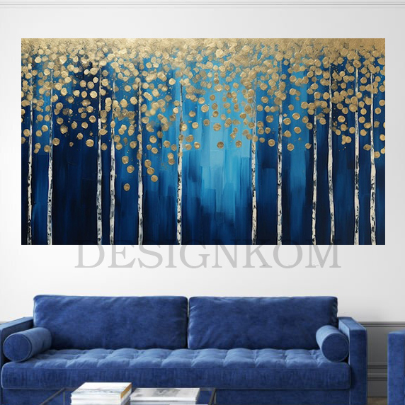 abstract gold tree forest in blue