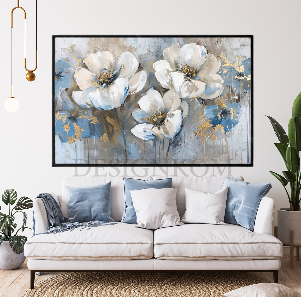 3 flowers blue sky gold