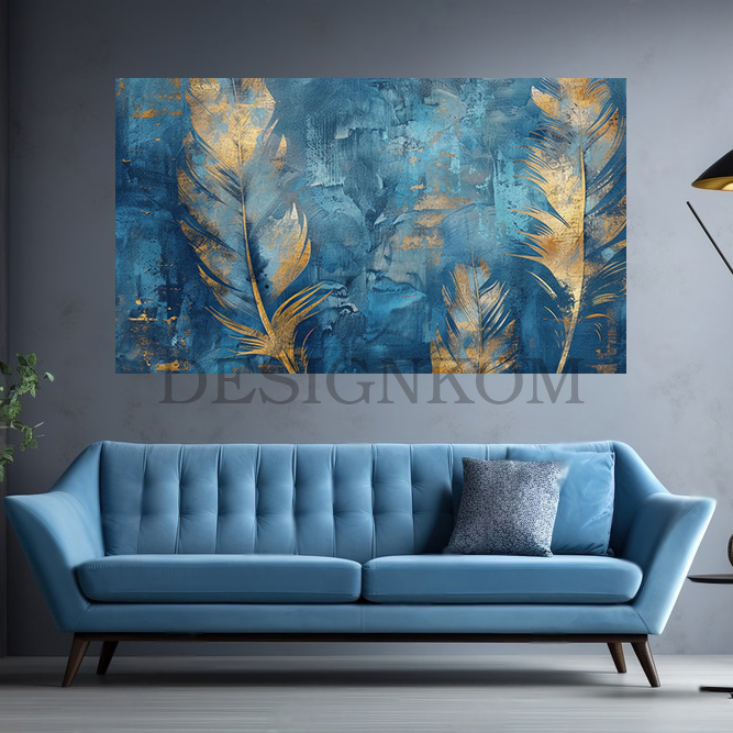 golden feathers in blue texture