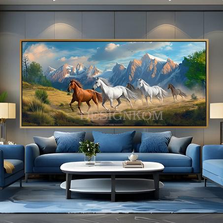 Wild Horses Panoramic – Forest & Snowy Mountains