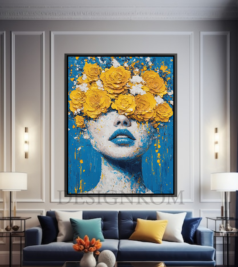 woman flowers blue yellow