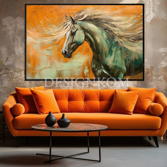 green horse in orange art