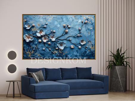 ABSTRACT FLOWERS IN BLUE PAINT