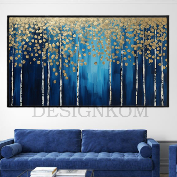 abstract gold tree forest in blue