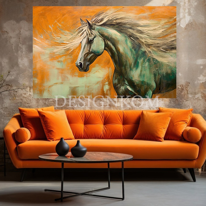 green horse in orange art