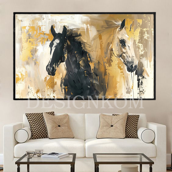 white black horses coiple in gold