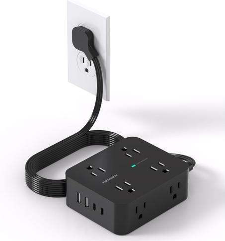 Protector de sobretensión de regleta de enchufes, cable de extensión de enchufe plano ultrafino de 5 pies con múltiples salidas