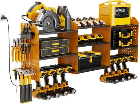 Organizador de herramientas eléctricas Xankzi con estación de carga, organizador expandible para garaje de alta resistencia, almacenamiento grande para herramientas de garaje (amarillo, 3-1 A