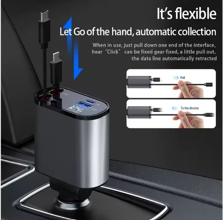 محول شاحن هاتف للسيارة بمنفذ USB مع كابل قابل للسحب وشاشة فولتية LED 4 في 1 للشحن السريع للغاية لهاتف آيفون وسامسونج