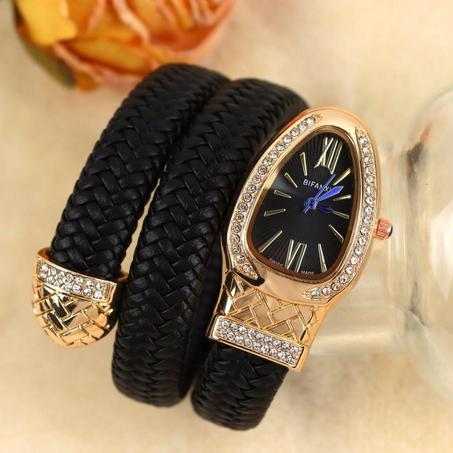 Montre serpent tendance avec bracelet en cuir serti de diamants