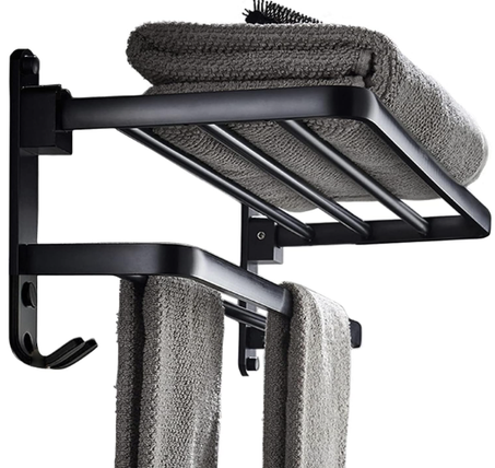رف مناشف للحمام يثبت بالحائط مع رفين لحمل المناشف بتصميم قضبان مزدوج بنمط الفنادق مع خطافات تعليق من سكيد، اسود غير لامع العلامة التجارية: سكايد
