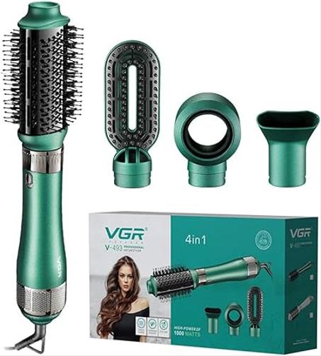 Secador de pelo de aire caliente 4 en 1 profesional VGR con revestimiento cerámico y tecnología de protección contra sobrecalentamiento (alta potencia 1000 W, verde), V-493