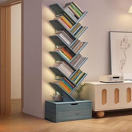 رف كتب بتصميم شجرة مكون من 10 طبقات خزانة مع درج تخزين حديث قائمة بذاتها ارفف منظمة للاستخدام في المنزل والمكتب وغرفة المعيشة النوم ازرق خشب