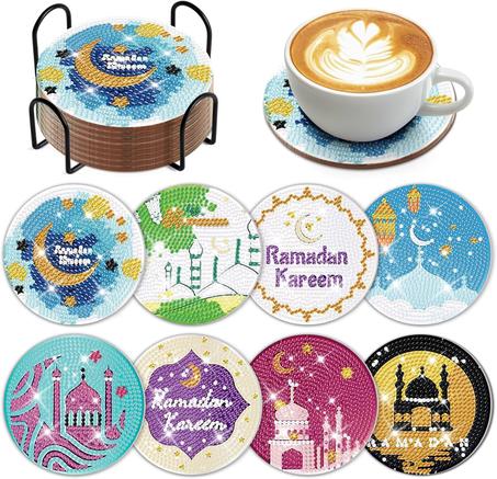 مجموعة قواعد اكواب من الفلين بتصميم فني ماسي اسلامي مع حامل للقواعد لشهر رمضان  ، هدايا رمضان والأعياد