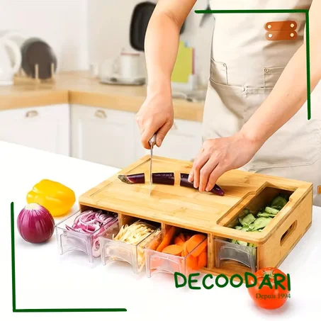 Planche à découper multifonction en bois avec tiroirs amovibles