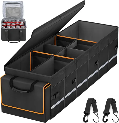 Organizador y almacenamiento para maletero de automóvil con tapa y bolsa enfriadora extraíble a prueba de fugas, accesorios para automóvil, 6 divisores extraíbles para espacio personalizado