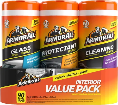 Armor All Toallitas protectoras, de vidrio y de limpieza, toallitas para interior de coche y exterior de coche, 30 unidades cada una