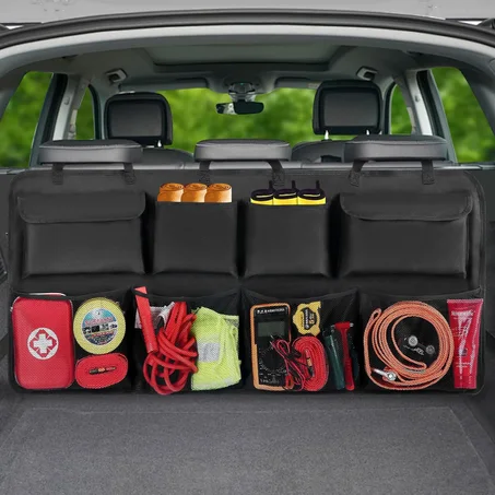 Snuopfy Organizador de maletero de automóvil, organizador colgante para asiento trasero con 8 bolsas de almacenamiento grandes, gran capacidad, organizador de maletero para SUV, camión, camio