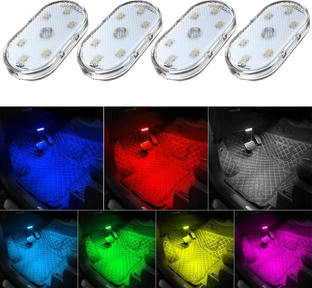 4 piezas luces LED inalámbricas para el interior del automóvil, luces interiores de 7 colores con 6 cuentas de lámpara LED brillantes, luz nocturna LED portátil recargable por USB para decora