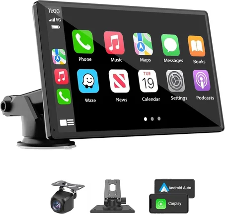 Estéreo inalámbrico portátil Carplay para automóvil, pantalla táctil HD de 7 pulgadas para automóvil con Apple CarPlay y Android Auto con cámara de respaldo/enlace de espejo/control de