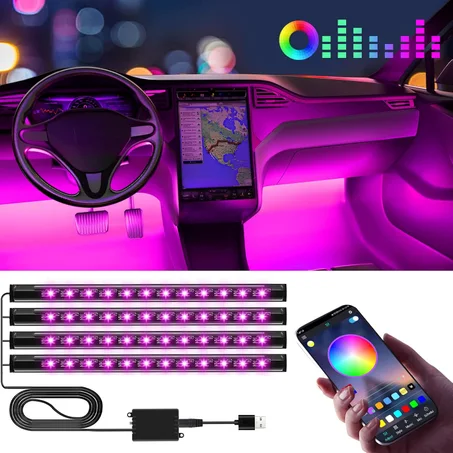 Winzwon - Luces LED para el interior del automóvil (4 unidades), tira de 48 luces LED para automóvil, con puerto USB, control por aplicación para iPhone, Android, teléfono inteligente, colore