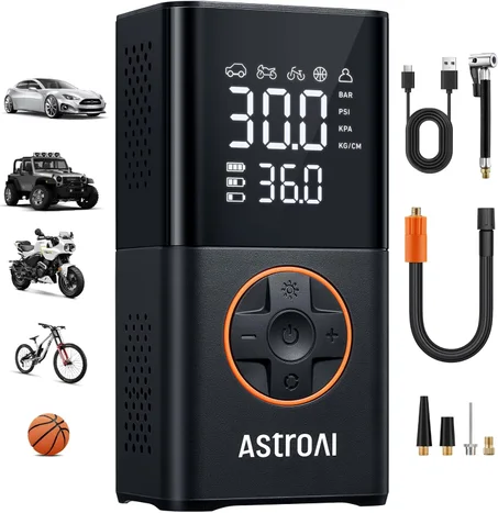 AstroAI Inflador de neumáticos L7, compresor de aire portátil, inalámbrico, mini bomba de bicicleta con pantalla digital de valores duales, bomba de aire de neumáticos de automóvil de 150 PSI