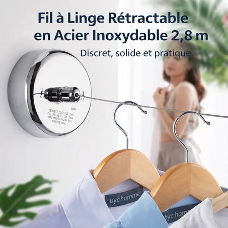 🧵 Fil à Linge Rétractable en Acier Inoxyd 2,8 m