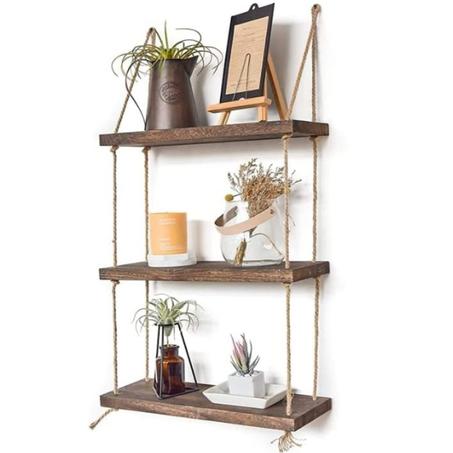Triple Etagere murale suspendue en bois rustique avec corde