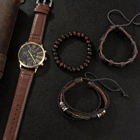 4PCS Brown Quartz Watch Set
