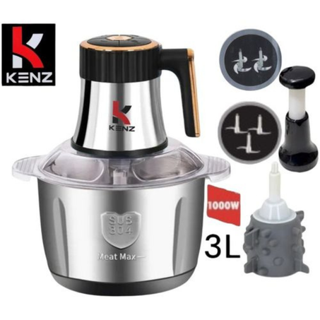 Kenz Hachoir Électrique 1000W: 3L, 2 Bols Inox & Verre, 5 Vitesses