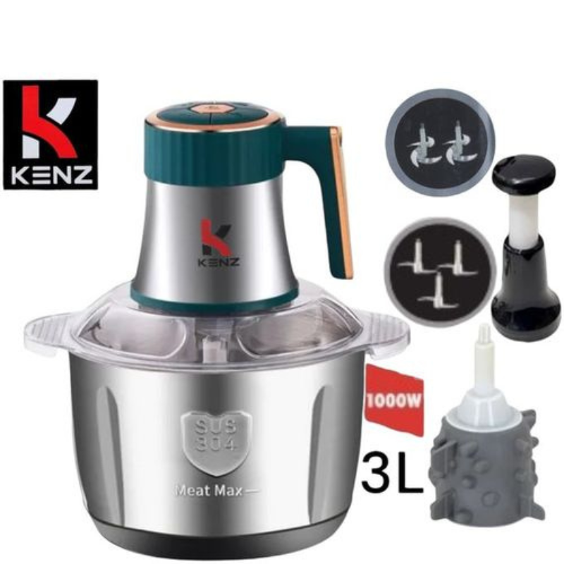 "Kenz Hachoir Électrique 1000W: 3L, 2 Bols Inox & Verre, 5 Vitesses"