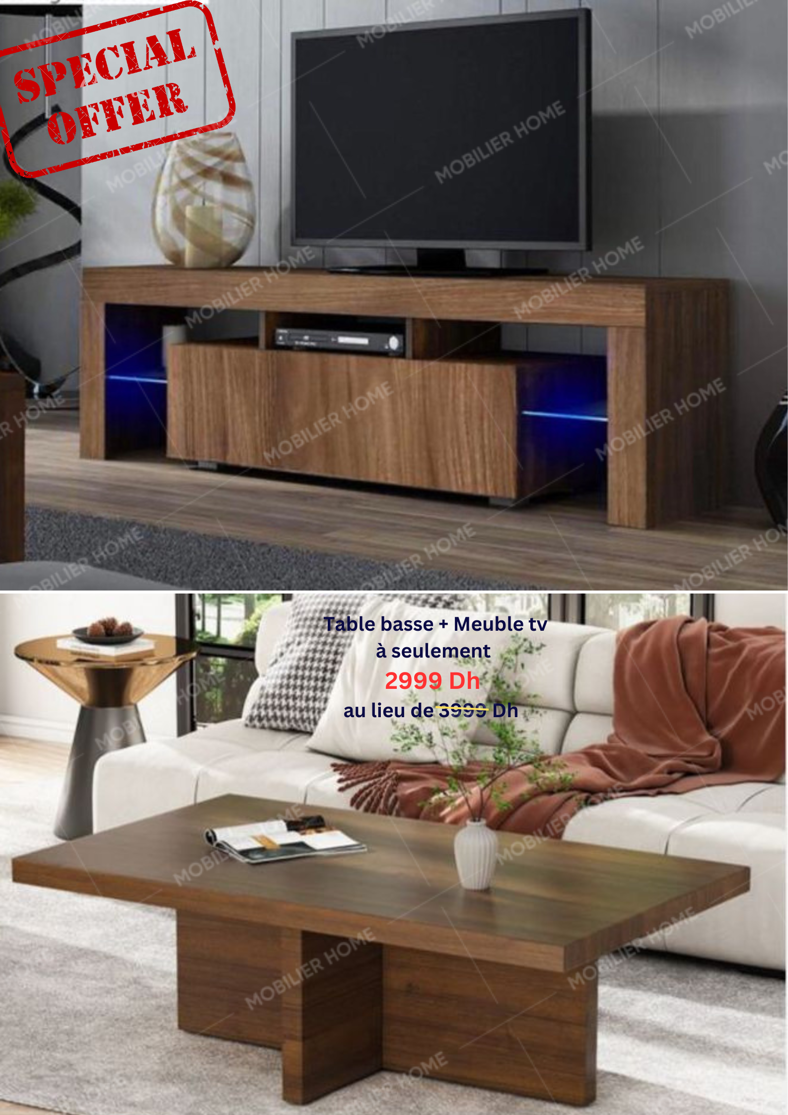 Meuble TV - éclairage LED - 150cm - Noir et blanc- Güzelhome