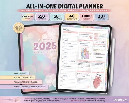2025 All-in-One Digital Planner, Goodnotes Planner, Digital Calendar, Daily, Weekly, Monthly Journal, Digital Journal, Notability Templates