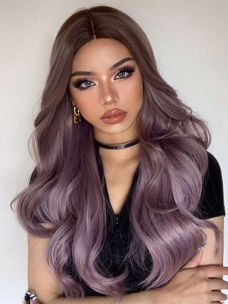 Long Wavy Ombre Brown Purple Synthetic Wigs